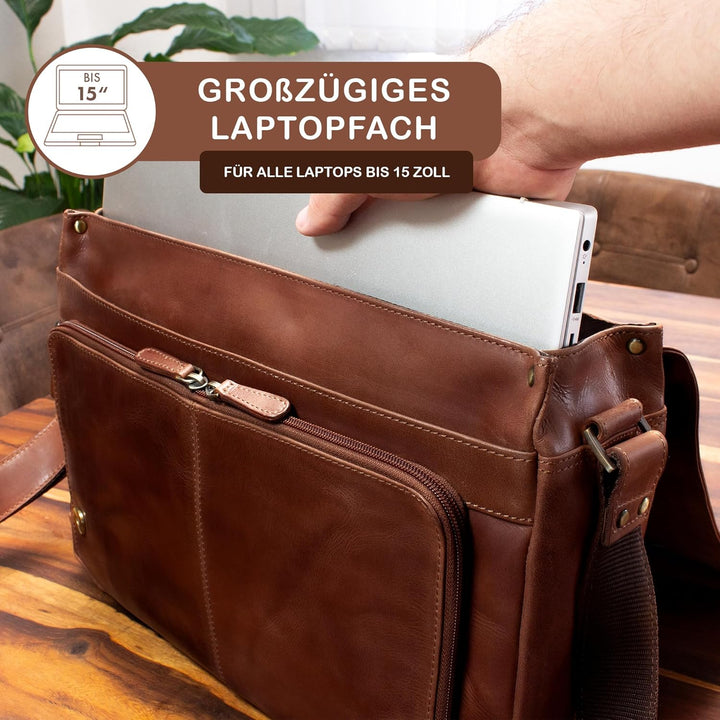 STILORD 'Tom' Vintage Leder Umhängetasche für Studium Uni Büro Arbeit 15 Zoll Laptoptasche DIN A4 Sc