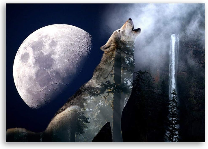 Wandbild XXL Wald Deko Kunst Bilder Wolf Blau 120x80 cm Deko Paneel 120x80 cm Blau_c, Deko Paneel 12