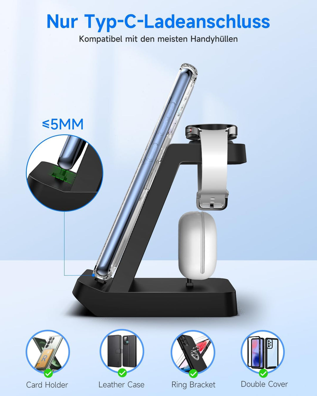 seacosmo 3 in 1 Ladestation, 18W Samsung Ladegerät handyhalterung für Galaxy Buds/Samsung A54/A53/A3