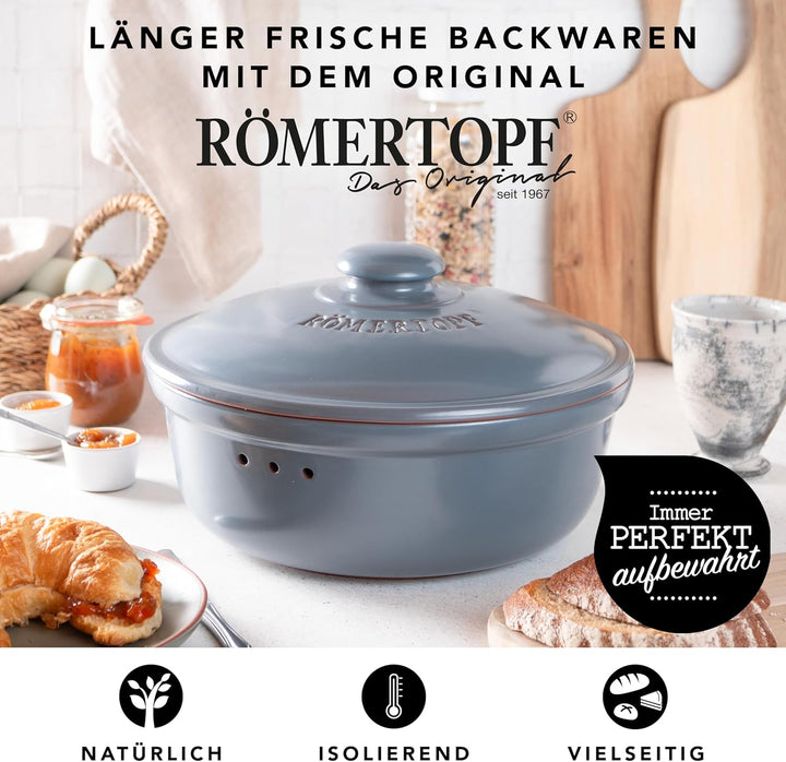 Römertopf Brottopf Rund Ø 30cm - Brotkasten Blau-Grau aus Keramik - Atmungsaktiver Tontopf für langa