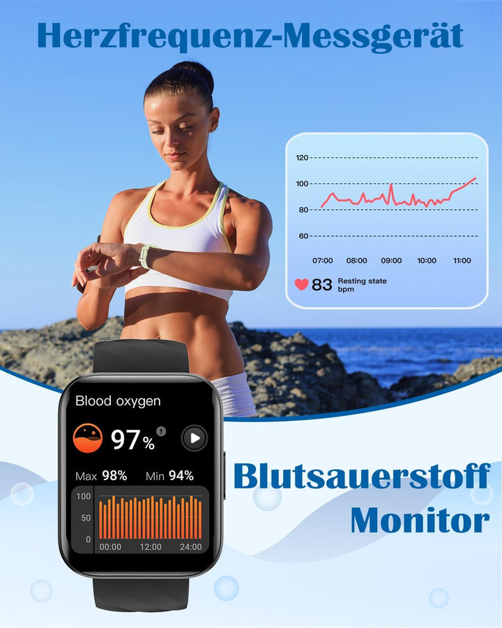 RUIMEN Smartwatch Damen Herren mit Telefonfunktion Fitnessuhr Schrittzähler Uhr mit Pulsmesser SpO2