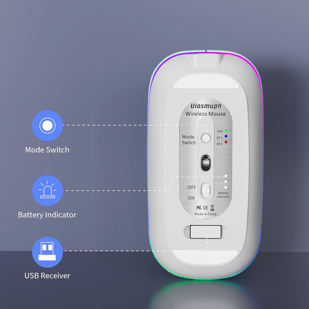 Uiosmuph Bluetooth Maus Kabellose, LED Funkmaus wiederaufladbar Leise Wireless Mouse 2.4GHz Kabellos