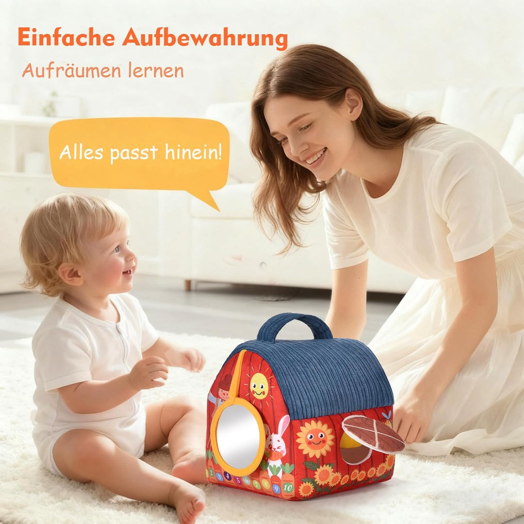 Baby Montessori Spielzeug ab 6 Monate 1 Jahr, Kinder Sensorikspielzeug mit Scheune & 6 Tierrasseln v