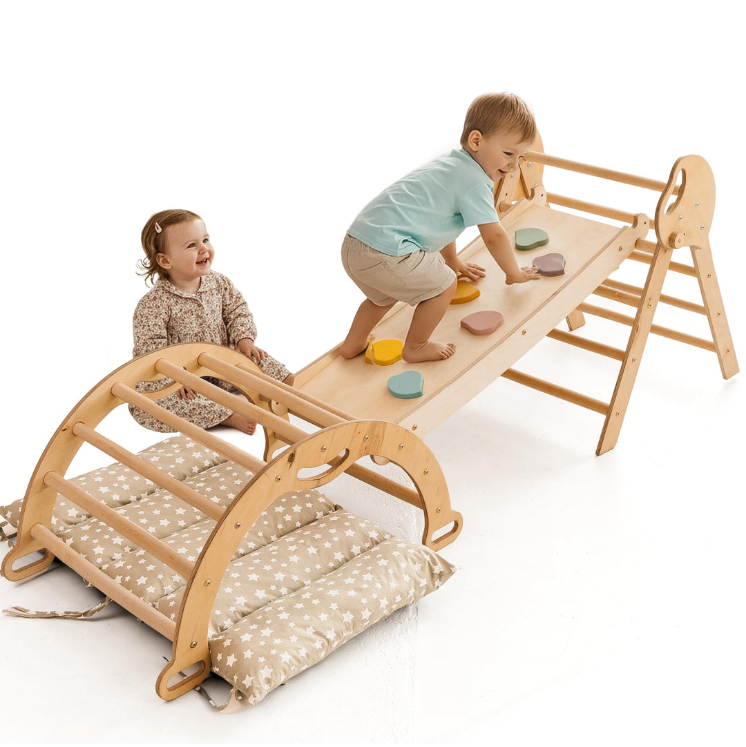 Goodevas 5-in-1 Montessori Klettergerüst Set: Indoor Kletterdreieck, Kletterbogen mit Kissen, und Ru