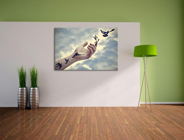 Pixxprint Vögel fliegen in die Freiheit / 100x70cm Leinwandbild bespannt auf Holzrahmen/Wandbild Kun