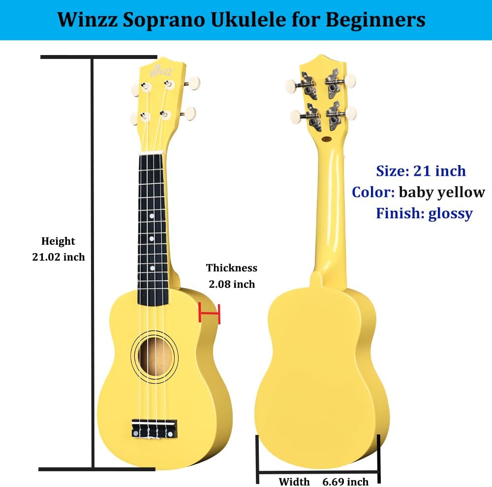 Winzz Sopran Ukulele Starter Kit für Anfänger mit Tasche, Clip-On Tuner, Zusätzlichen Saiten, Gurt,