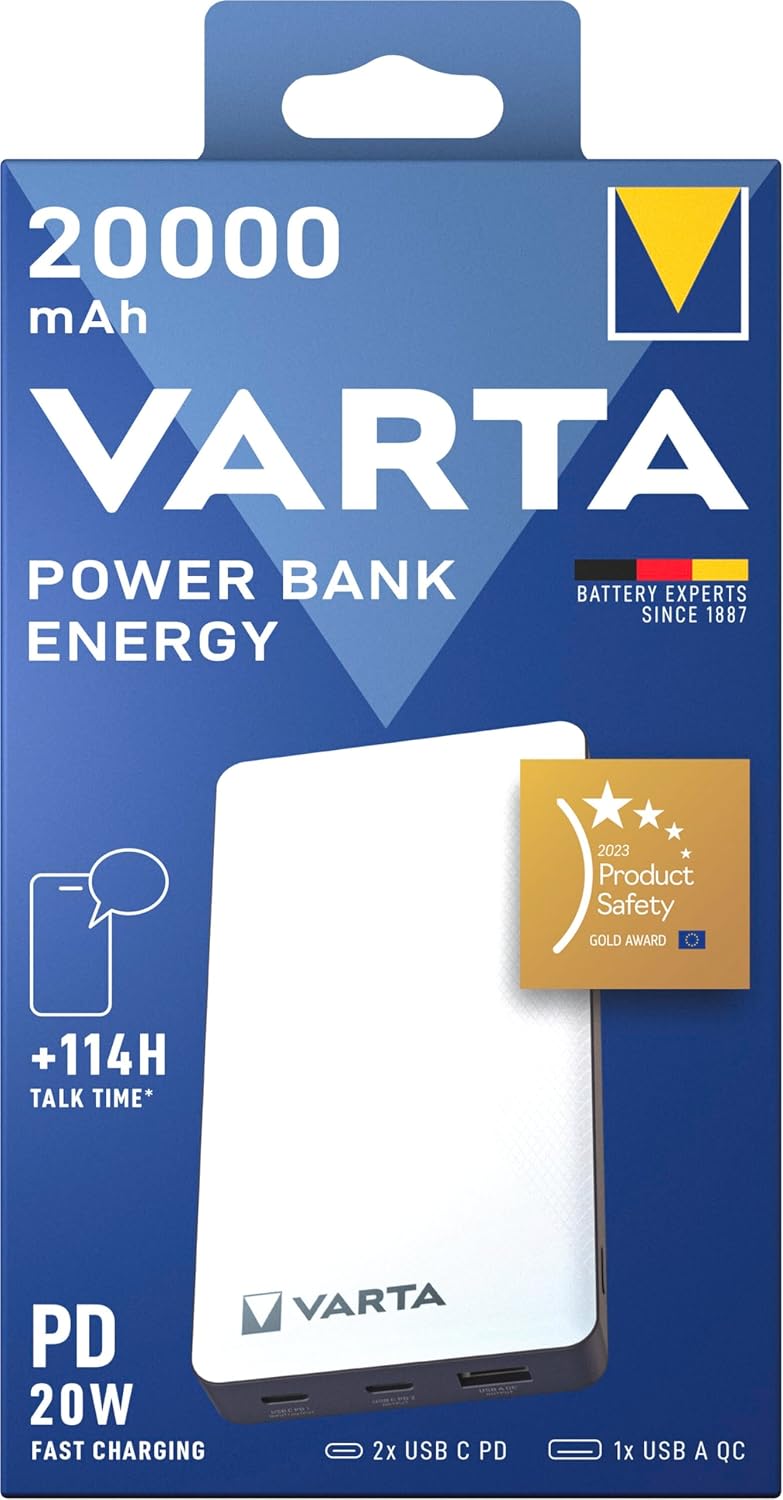 VARTA Power Bank 20000mAh, Powerbank Energy mit 4 Anschlüssen (1x Micro USB, 2x USB A, 1x USB C), ko
