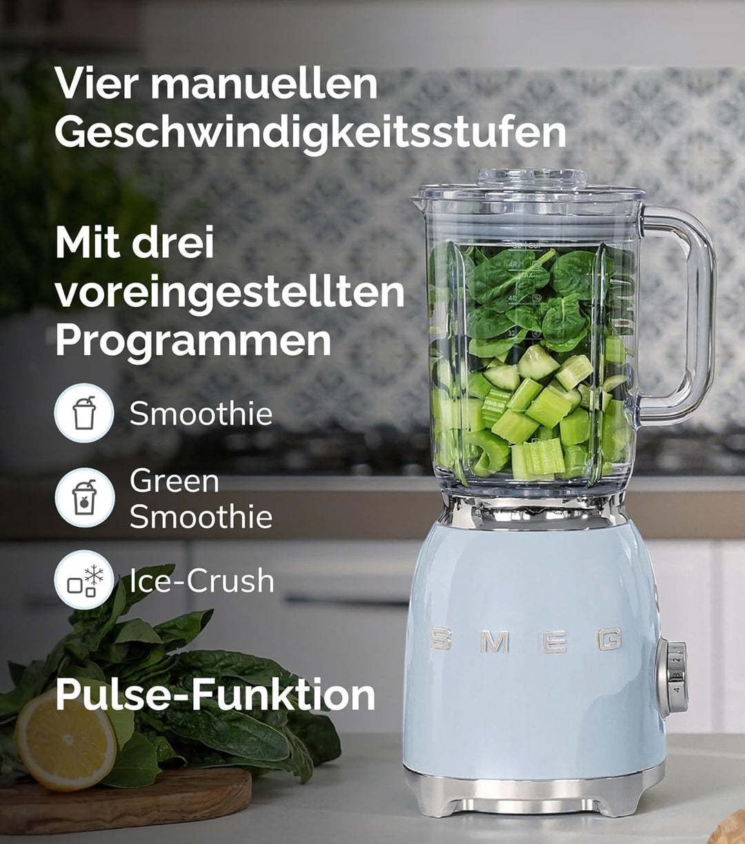 SMEG, BLF03PBEU, 1,5 l Standmixer, 4 -Geschwindigkeitsstufen, 4 Automikprogramme, Abnehmbare Doppelk