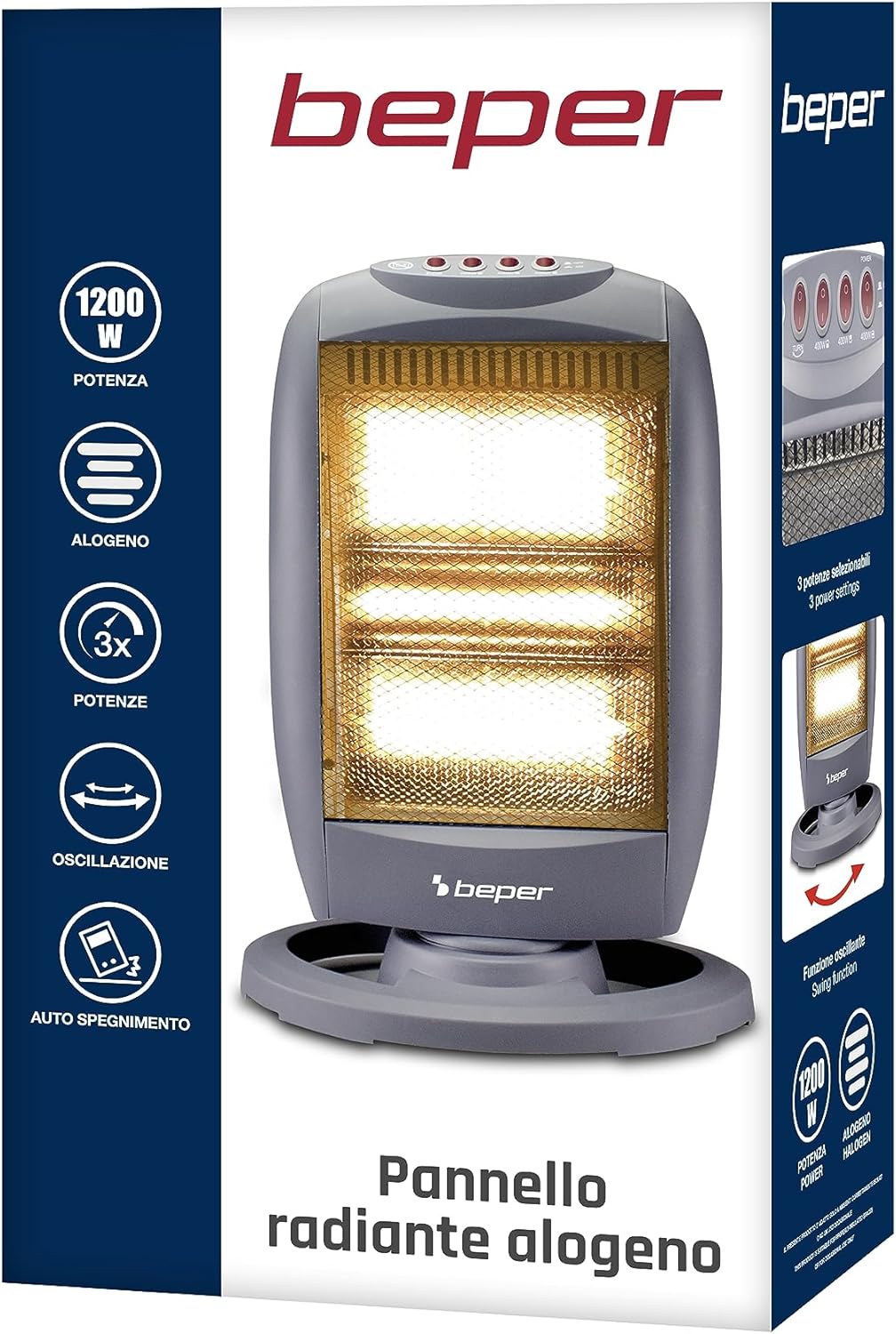 BEPER P203PAN010 Oszillierendes Halogen-Heizgerät, 1200W, geringer Energieverbrauch, geräuschlos, Gr