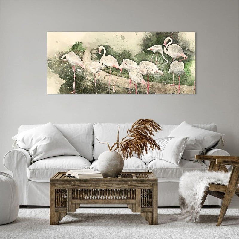 Wandbilder Dekoration Wohnzimmer Flamingo Vogel Wasser Panorama Bilder auf Leinwand 120x50cm Leinwan