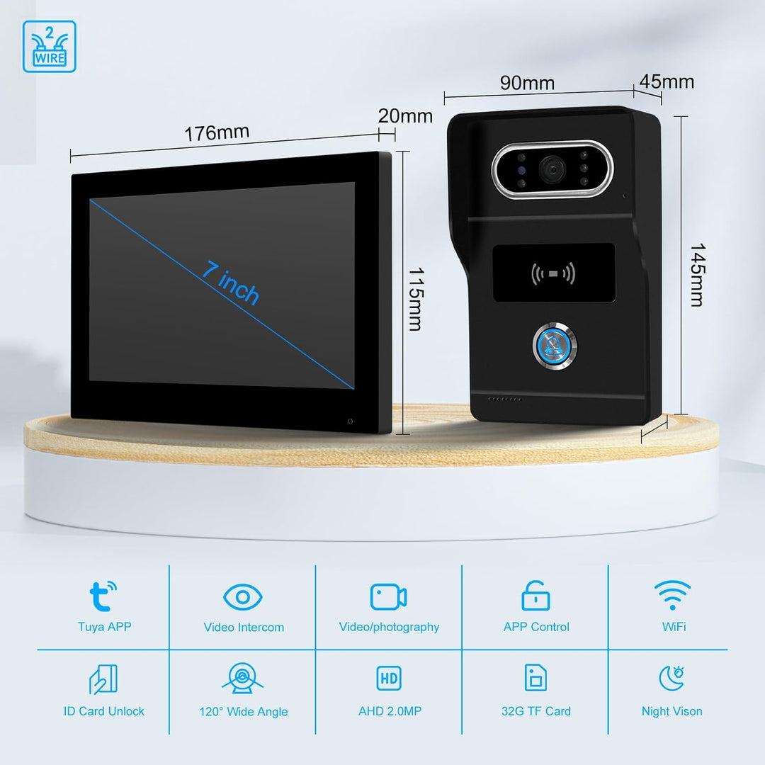 Tuya WLAN 2-Draht Video Türsprechanlage mit Kamera, 7-Zoll-IPS-Touchscreen, Full HD 1080P HD-Türklin