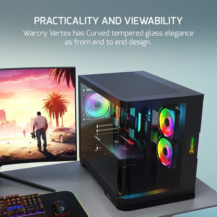 GAMEPOWER Warcry Vertex Curved Gaming PC Gehäuse, ATX Mid Tower, Desktop Computer Case Tempered Glas