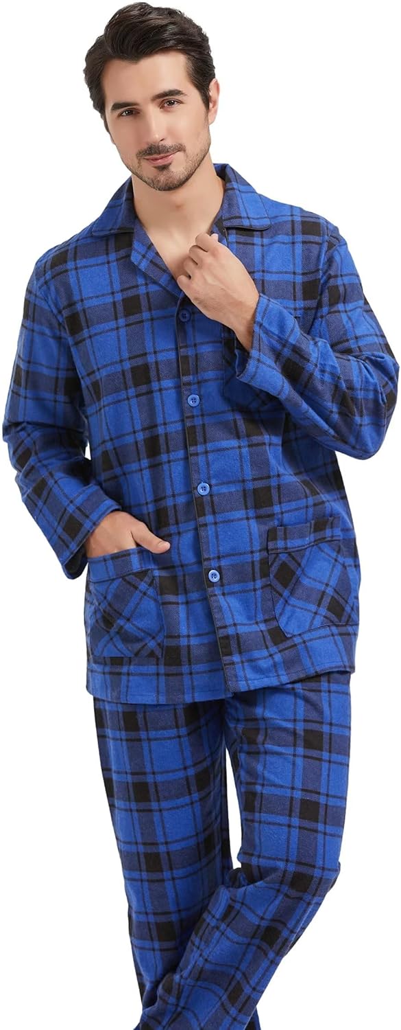 Amaxer Flanell Schlafanzug Herren 100% Baumwolle Pyjama mit Knopfleiste Set Lang Warmer Winter Schla