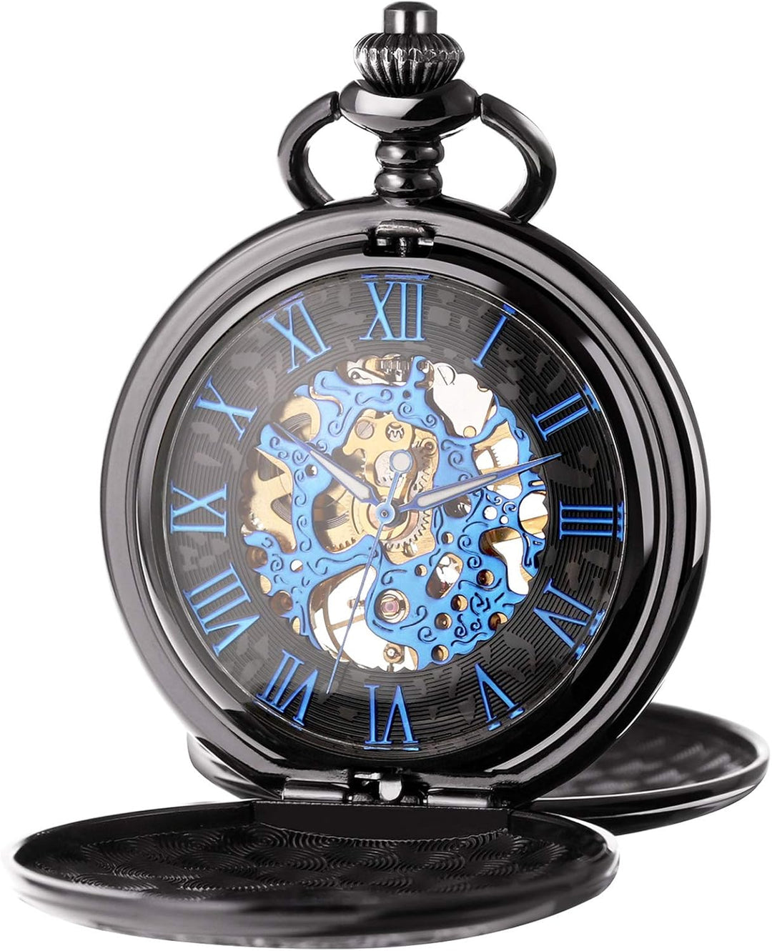 TREEWETO Unisex Taschenuhr mit Kette Mechanische Handaufzug Doppelscharnier Antik Skelett Römische Z