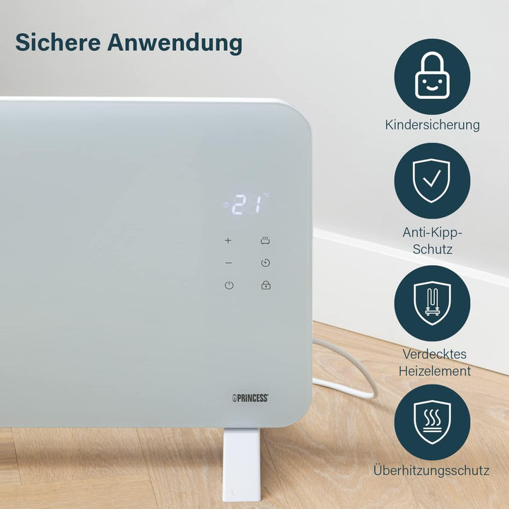 Princess Smarte Konvektorheizung – 1500 W – Steuerbar über kostenlose App – Glaspaneel – wandmontier