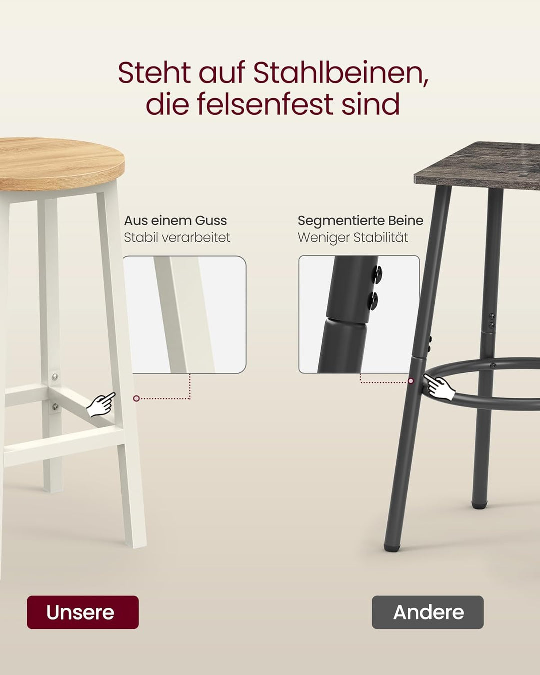 VASAGLE Barhocker, 2er Set, Barstühle, Küchenstühle mit Metallgestell, einfache Montage, mit Fussstü