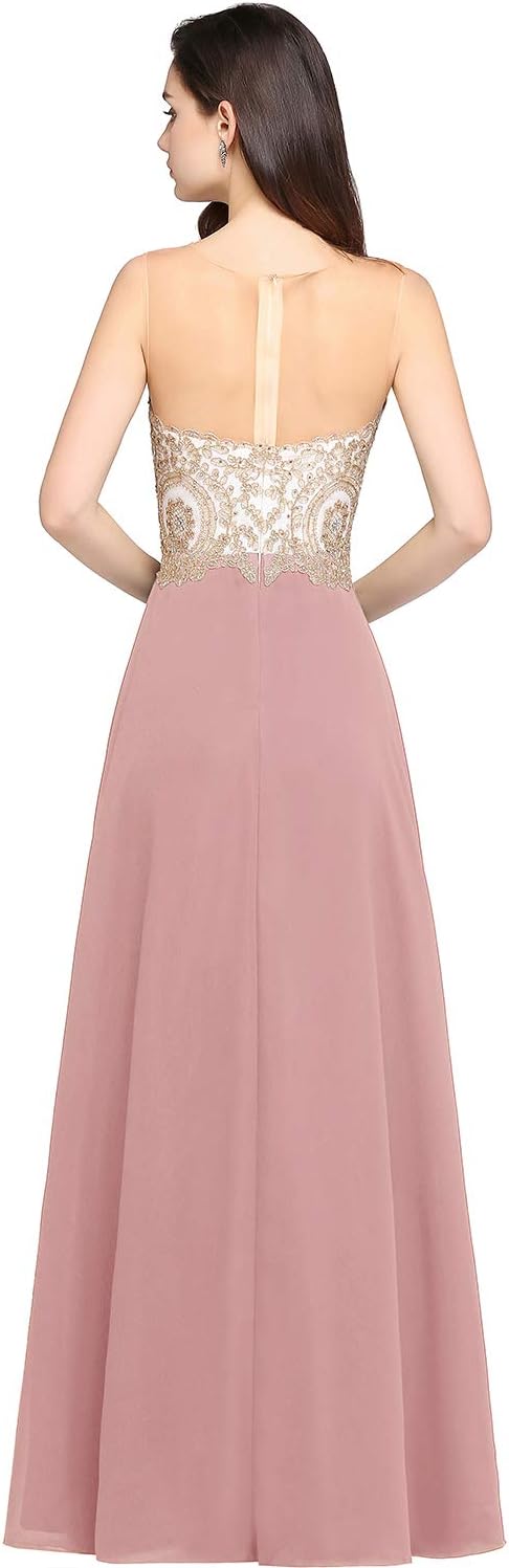 Misshow Abendkleid Chic Lang mit floralen Applikationen aus Chiffon Gr. 38 Tiefenrosa., 38 Tiefenros
