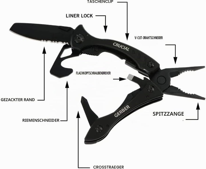 Gerber Multi-Tool mit 9 Funktionen und Gürtel-Clip, Crucial, Mit Gurtschneider und Liner-Lock-Verrie