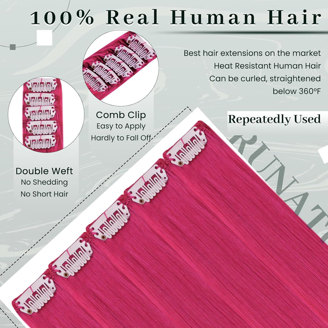 RUNATURE Clip Extensions Echthaar Hot Pink Natural Hair Extensions Clip in 50cm 5pcs Pink Haarverlän