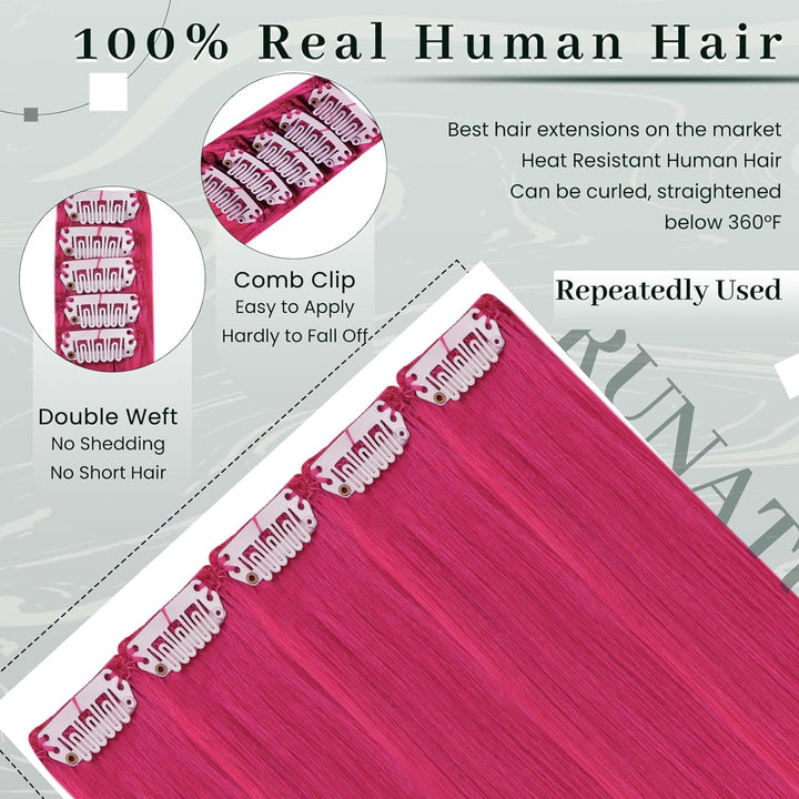 RUNATURE Clip Extensions Echthaar Hot Pink Natural Hair Extensions Clip in 50cm 5pcs Pink Haarverlän