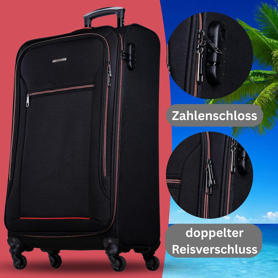 NOWI Sevilla Weichschalen Trolley XL – Grosser Stoff Koffer 76L mit 4 Rollen &amp; Zahlenschloss | XXL R