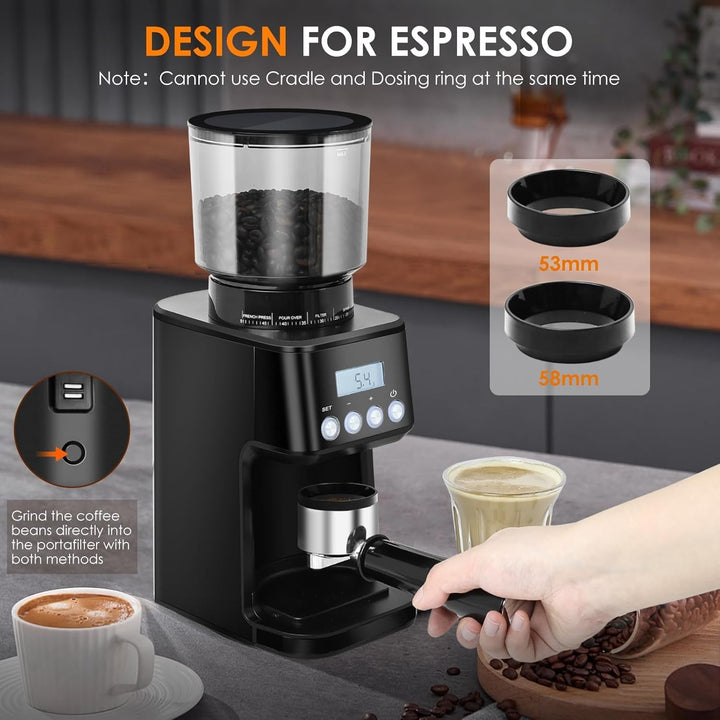 Homtone Kaffeemühle Elektrisch für Siebträger und Behälter, 51 Mahlstufen Kaffeemühle Siebträger Ele