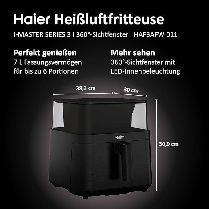 Haier Heissluftfritteuse 7L mit 360° Glas-Sichtfenster I 8-in-1: Frittieren, Grillen, Braten, Backen