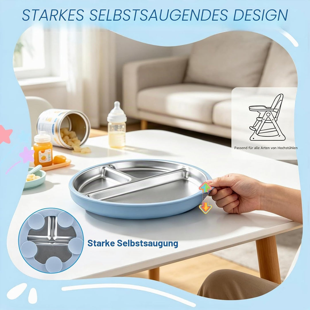 Edelstahl Baby Saugteller Set, Edelstahl Babytelle mit 1 x Gabel und 1 x Löffel, Baby Geschirrmit Ab
