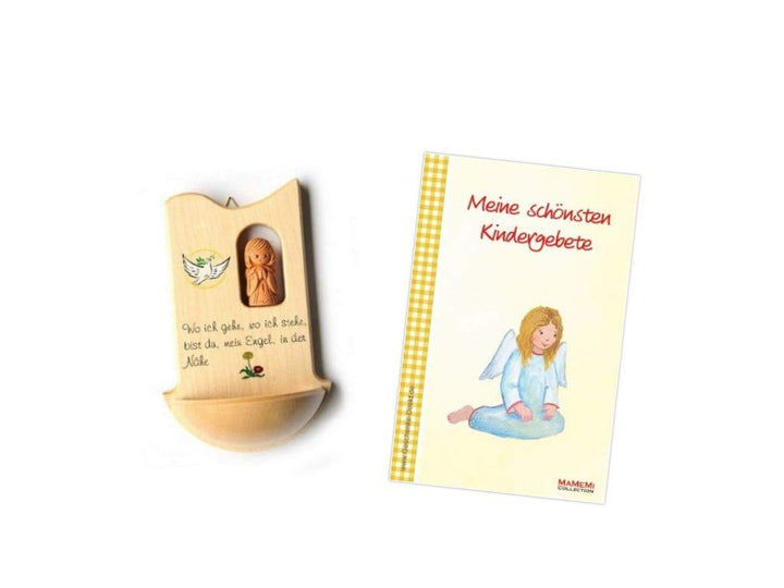 Weihkessel aus Holz mit TONENGEL – kindgerechtes WEIHBECKEN mit Spruch „Wo ich gehe…“ – TAUFKESSEL f