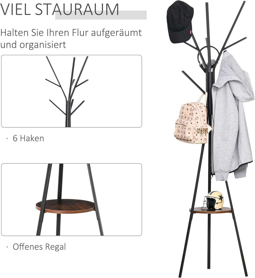 HOMCOM Garderobenständer Kleiderständer mit Ablage und 8 Haken Jackenständer Moderner Garderobe für