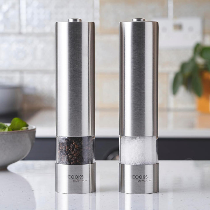 Cooks Professional batteriebetriebene Salz- und Pfeffermühle im Set mit verstellbarem Mahlgrad, einf