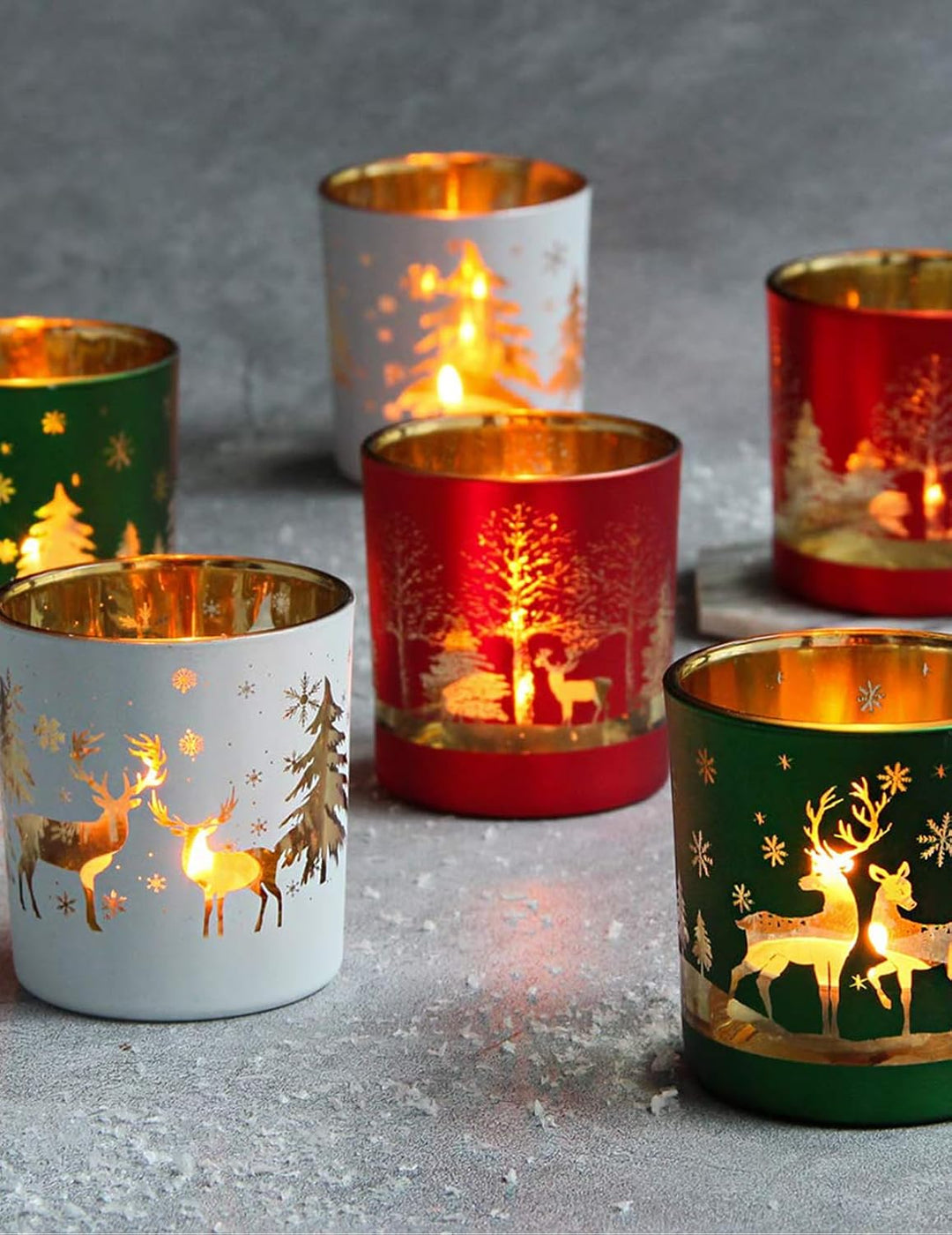MJ PREMIER Weihnachten Teelichthalter, 6 Stück Kerzenhalter 7x7x8 cm, Xmas Windlicht, Teelichtgläser