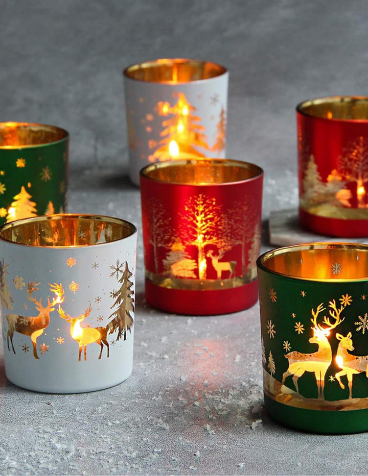 MJ PREMIER Weihnachten Teelichthalter, 6 Stück Kerzenhalter 7x7x8 cm, Xmas Windlicht, Teelichtgläser