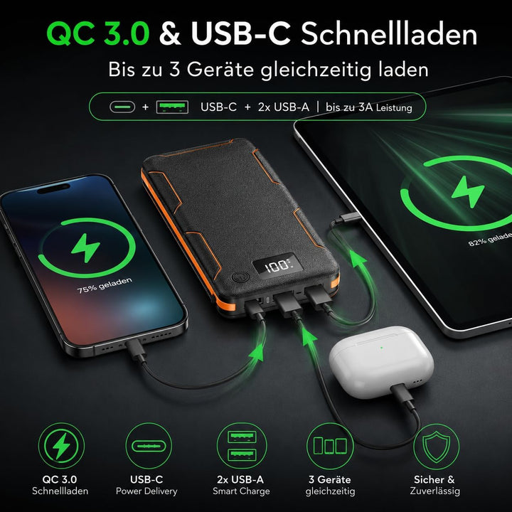 Solar Powerbank 36.800mAh, 4 Solarpanels, 15W Schnellladen, USB-C & QC 3.0, LED-Taschenlampe, Outdoo