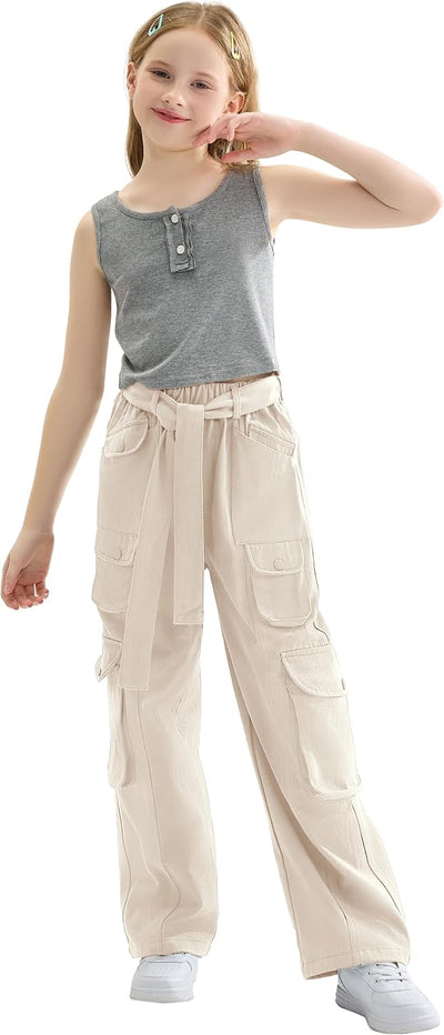 Rolanko Mädchen Baggy Cargo Hose, Elastisch Hohe Taille Gerade Weites Bein Streetwear Hose mit Mehre
