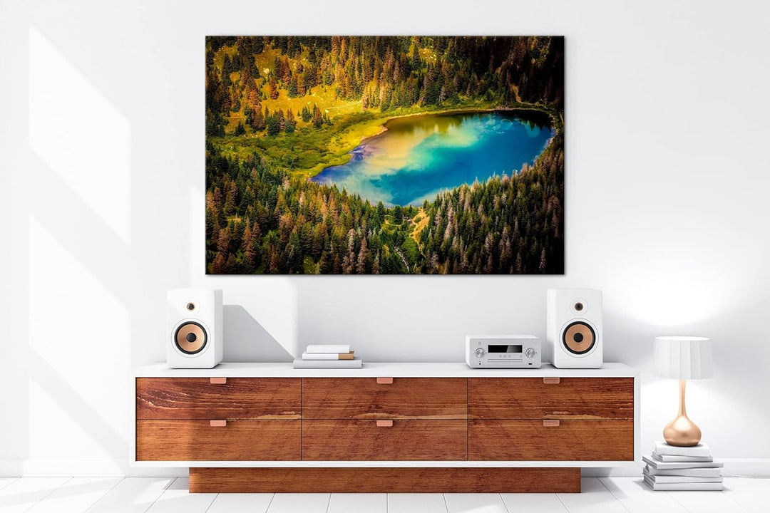 deyoli himmlicher See im Wald Format: 100x70 cm als Leinwandbild, Motiv fertig gerahmt auf Echtholzr