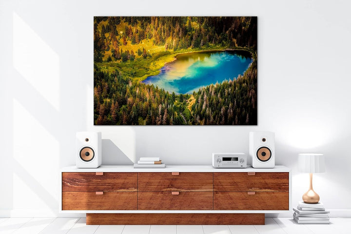 deyoli himmlicher See im Wald Format: 100x70 cm als Leinwandbild, Motiv fertig gerahmt auf Echtholzr