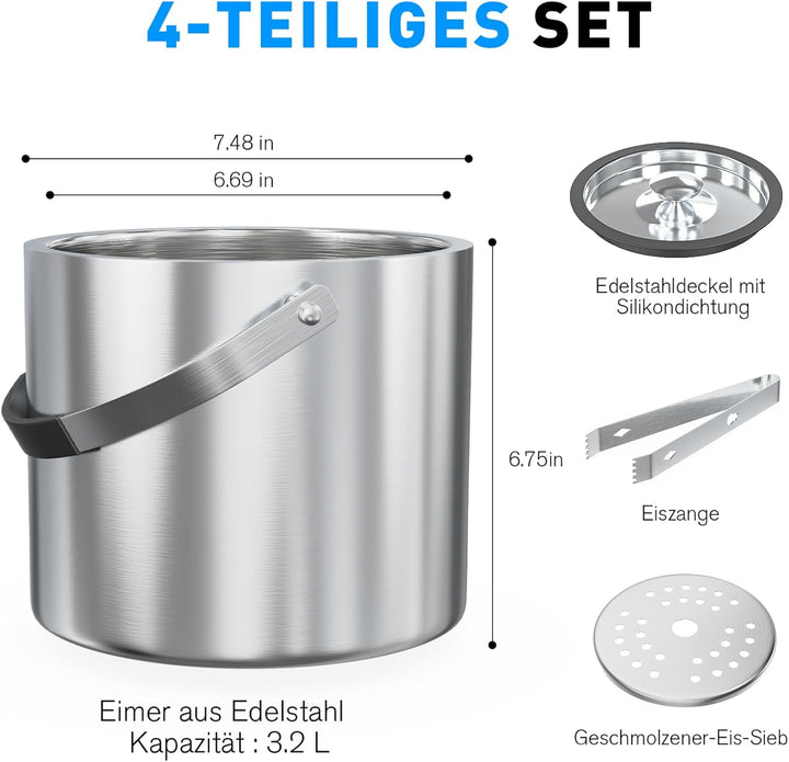 FiveHome 3,2L Edelstahl Eisbehälter mit luftdichtem Deckel, Sieb und Eiszange, Eiswürfelbehälter dop