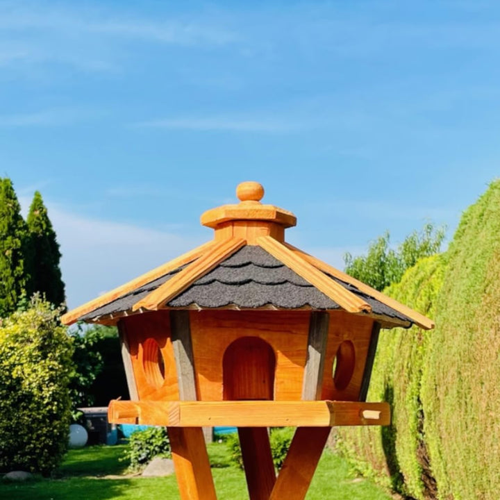 Vogel Futter Haus L oder XL Sechseck Holz Vogelhaus Futterstelle Braun/Blau, Rot, Schwarz und Grün (