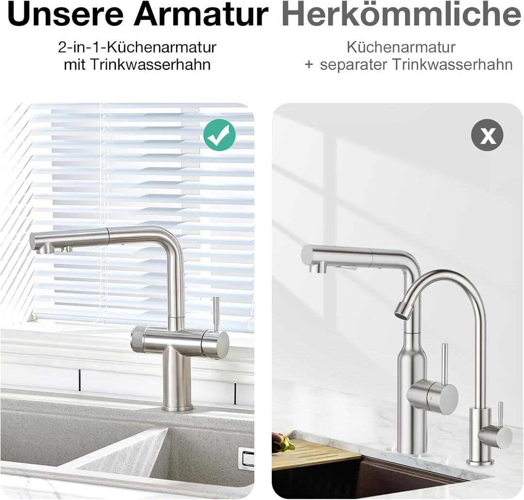 Faustina 3 Wege Küchenarmatur mit Brause ausziehbar, Doppelhebel Armatur Wasserhahn Spültischarmatur