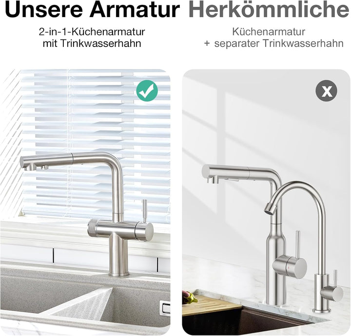 Faustina 3 Wege Küchenarmatur mit Brause ausziehbar, Doppelhebel Armatur Wasserhahn Spültischarmatur