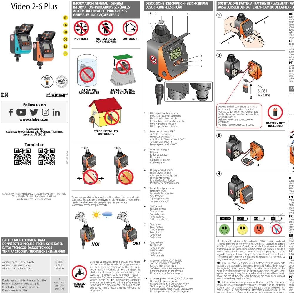 Claber D84130000 Aquauno Wasserzeitschaltuhr, bis zu 6 Bewässerungszyklen pro Tag