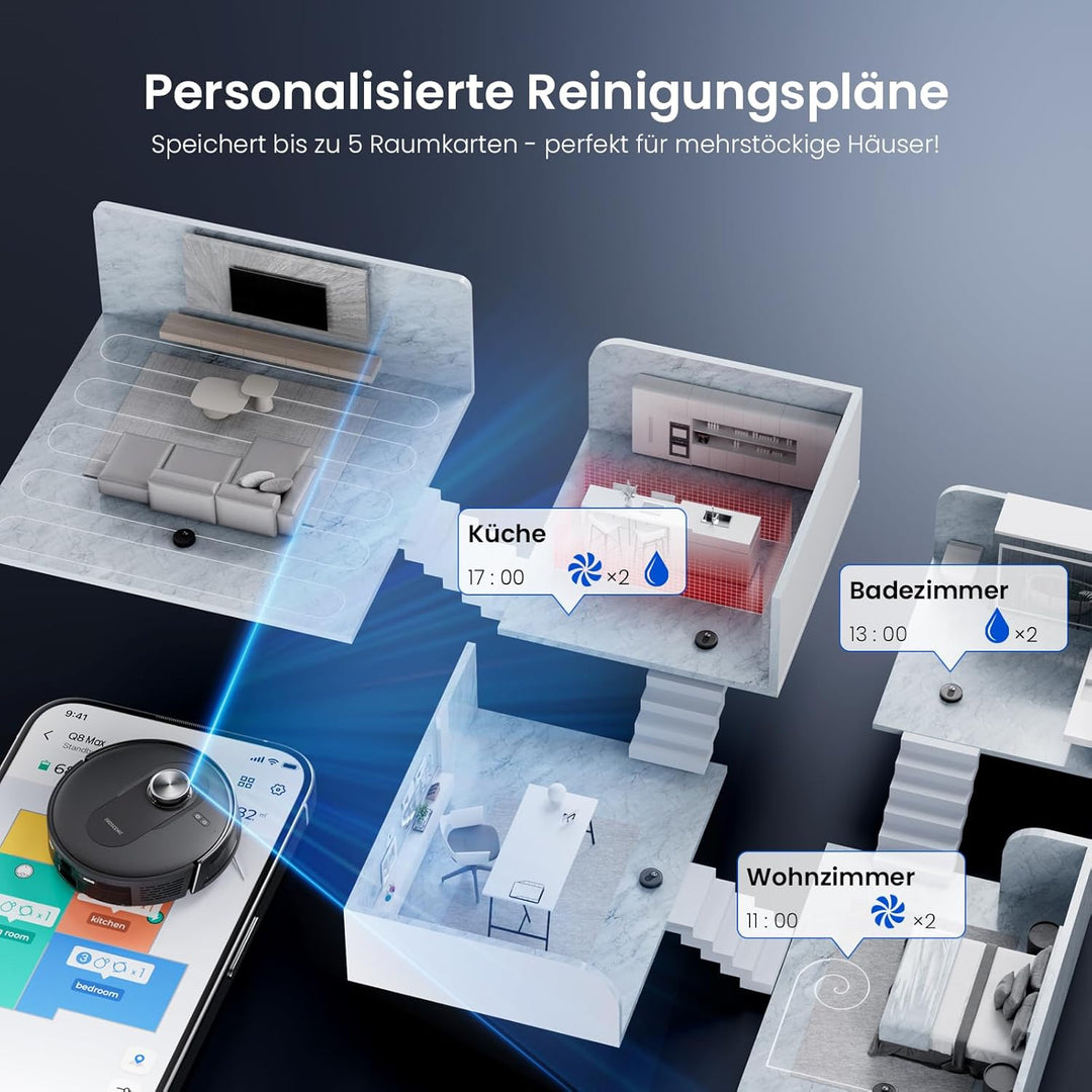 Proscenic Q8 Saugroboter mit Wischfunktion, 6000Pa 200min Staubsauger Roboter Leistungsstark Laser N