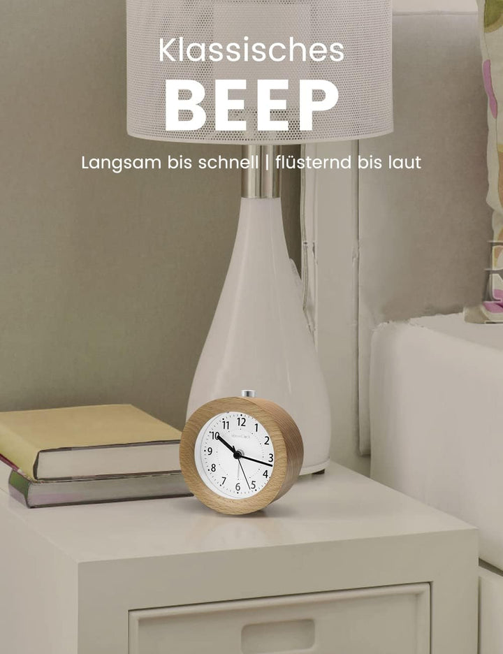 Wecker Analog Ohne Ticken, Wecker Holz mit Snooze, Nachttisch Tischuhr mit Nachtlicht, reisewecker m