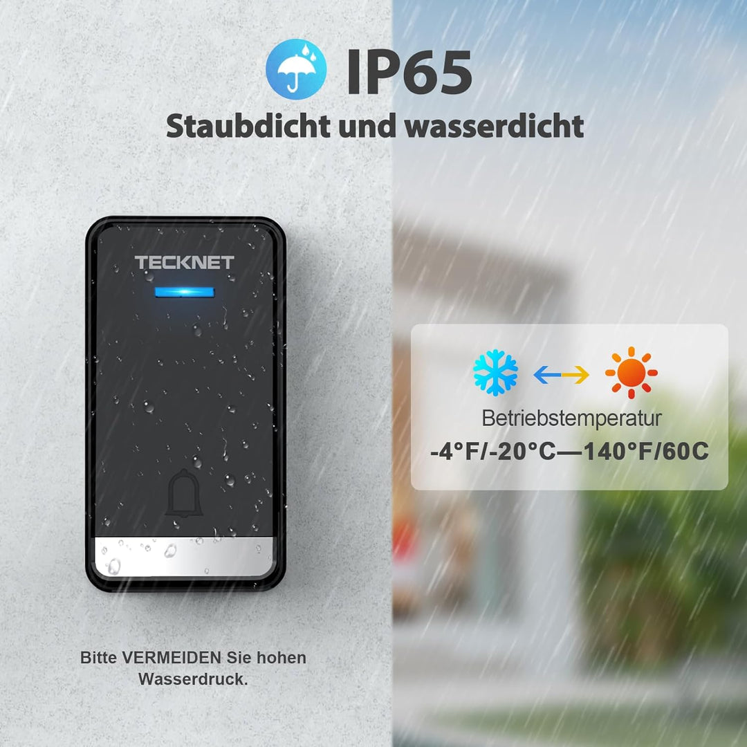 TECKNET Kabellose Türklingel Batterielose, Steckdosen-Funkklingel IP65 Wasserdicht Drahtloses Türkli