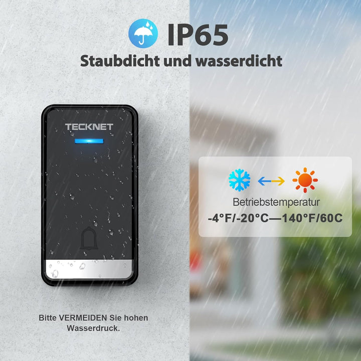 TECKNET Kabellose Türklingel Batterielose, Steckdosen-Funkklingel IP65 Wasserdicht Drahtloses Türkli