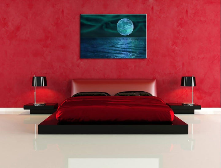 ruhiges Meer mit Vollmond schwarz/weiss Format: 100x70 auf Leinwand, XXL riesige Bilder fertig gerah