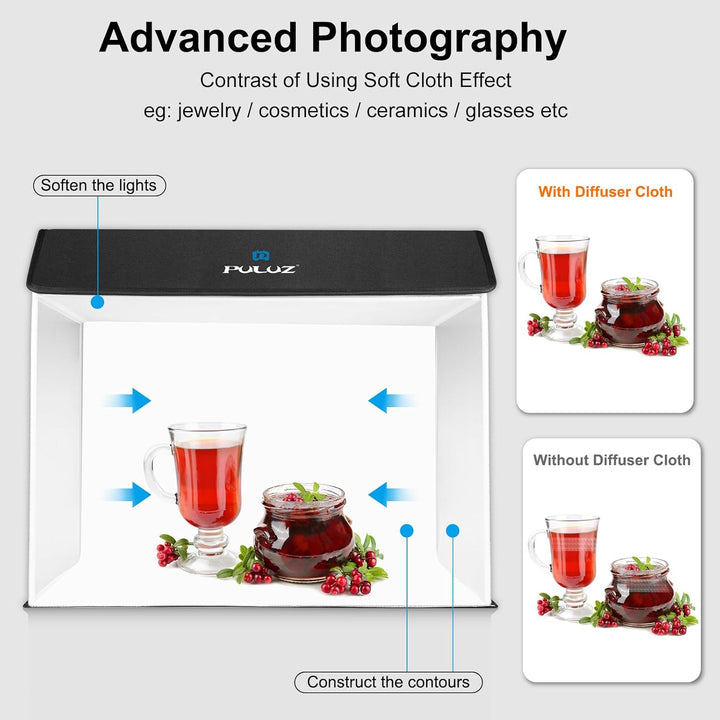 PULUZ Upgrade Fotobox 60x40cm, Fotostudio-Zelt-Set mit dimmbaren 3 Farbtemperaturen 762 LEDs &amp; 4 PVC
