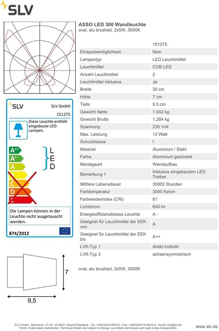 SLV Wandlampe ASSO 300 zur Innenbeleuchtung von Wänden, Treppen, Eingängen | LED Strahler, Moderne W