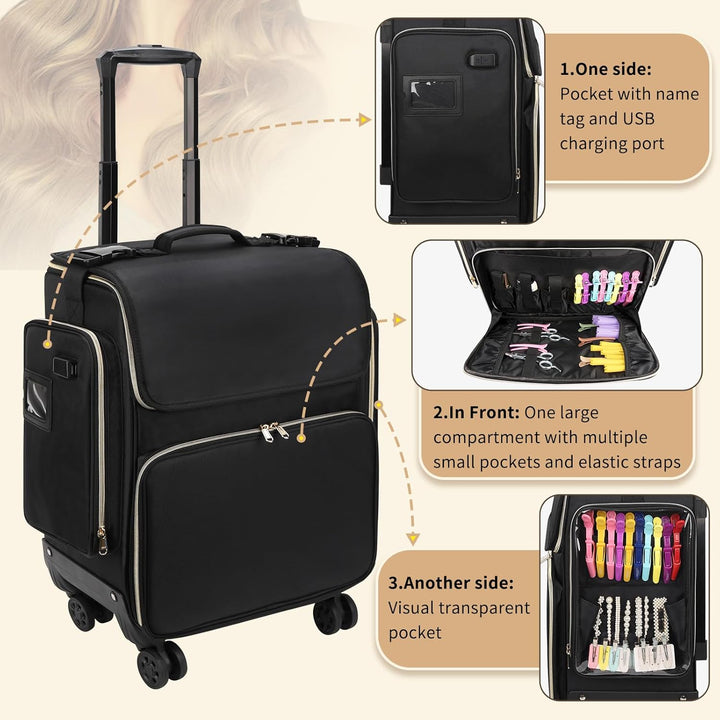 Kosmetikkoffer Trolley mit 360° Drehbaren Rädern, Friseurkoffer mit Abnehmbarer Tasche, Wärmeisolier
